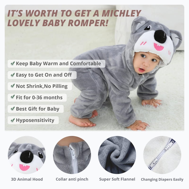 MICHLEY Unisex Baby Hooded Romper Winter Flannel Jumpsuit for 12-18months, Cartoon Cosplay Costume, Koala - Image 2